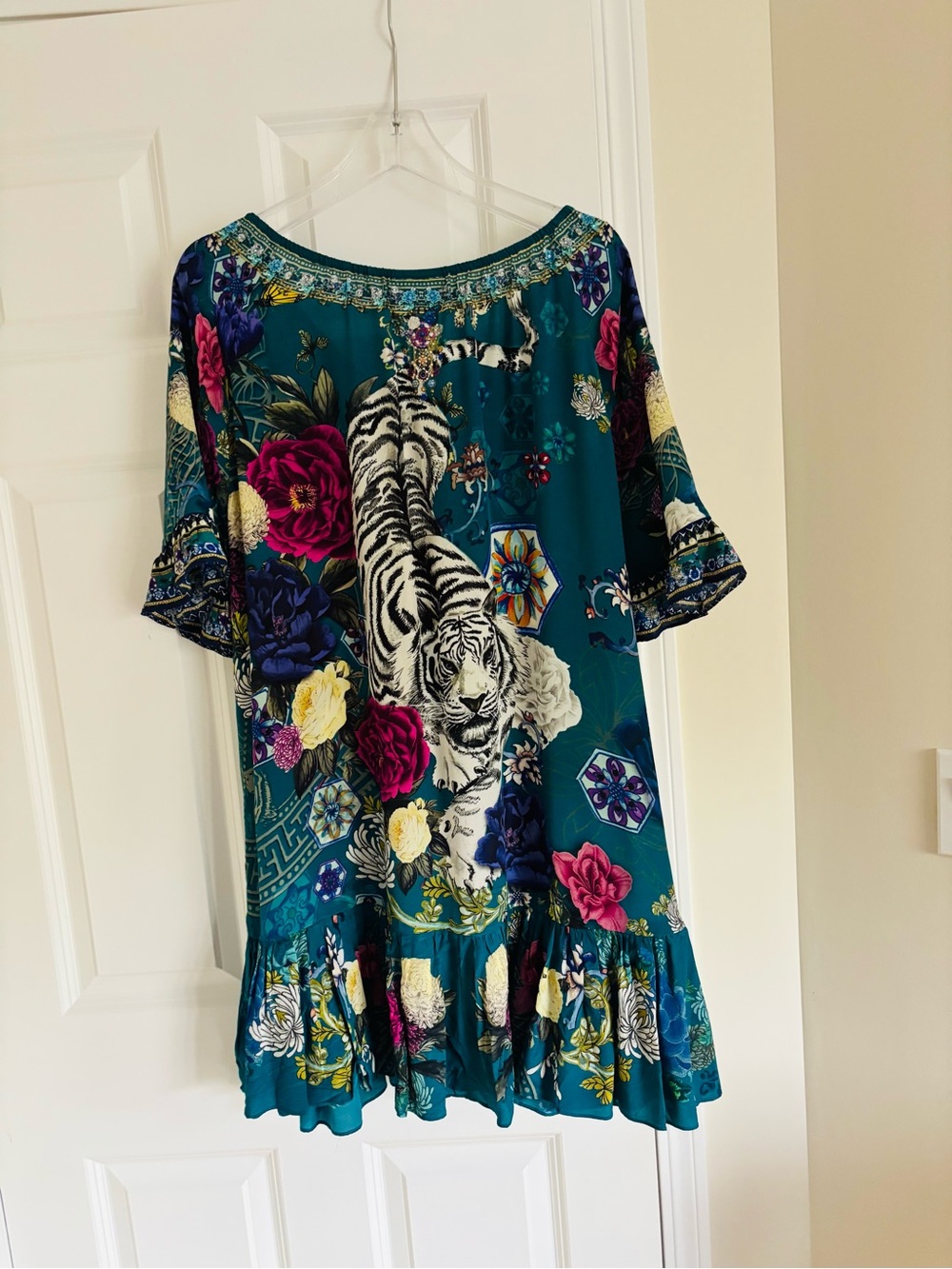 Camilla Teal Floral & Tiger Mini Dress with Pink and Yellow Accents - Picture 2 of 3